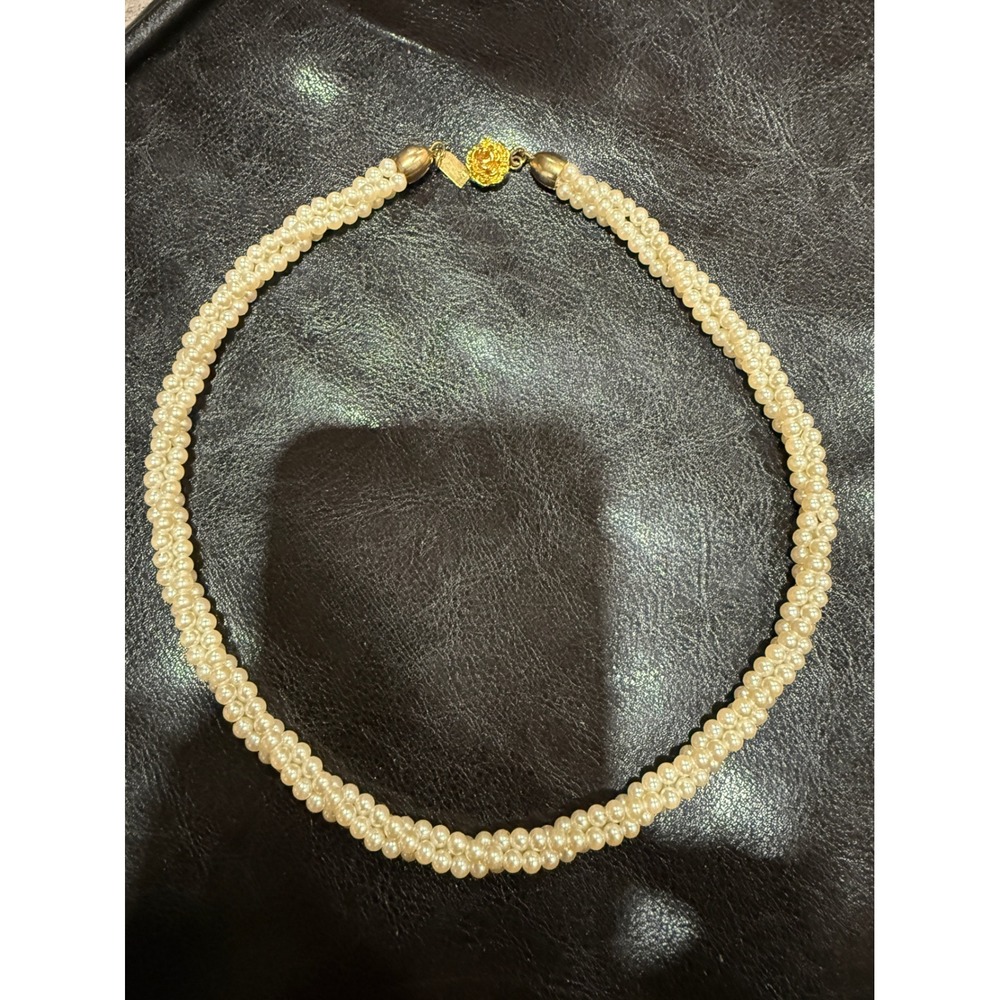 Vintage Cream Faux Pearl Twisted Double Strand Necklace Gold Rose Flower Clasp